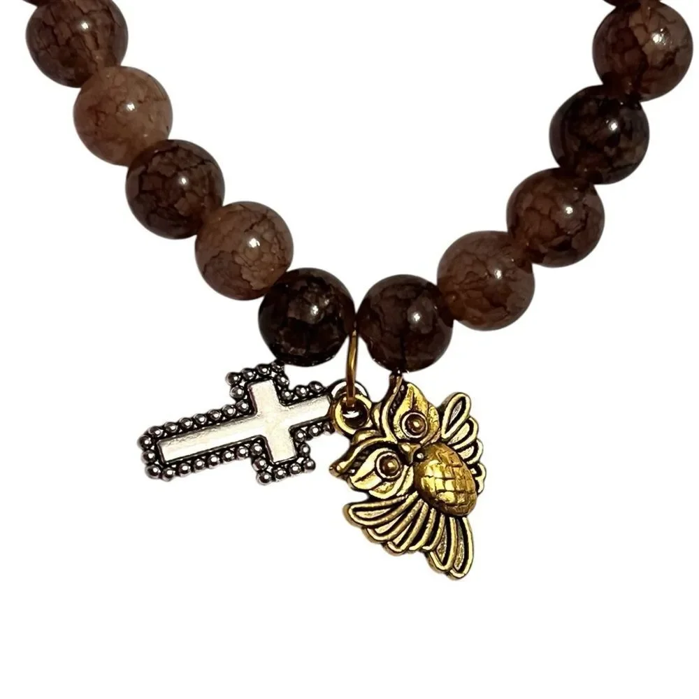 Natural Brown Stone Beaded Stretch Bracelet with Owl and Cross Charms